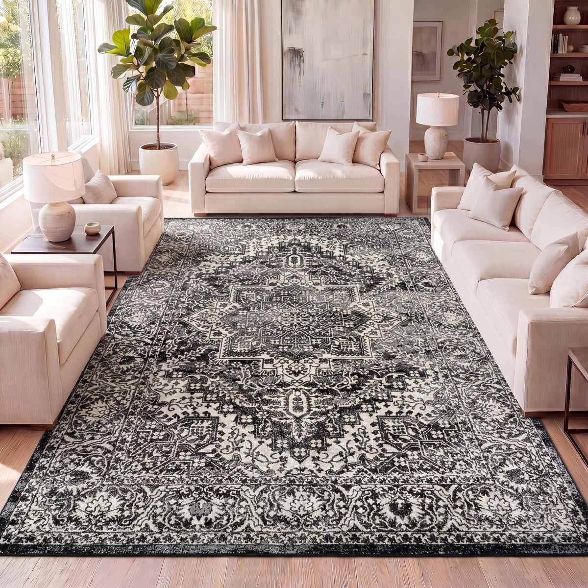 Vintage Medallion Indoor Area Rug Cream 3X5, Modern Boho for Living Room,
